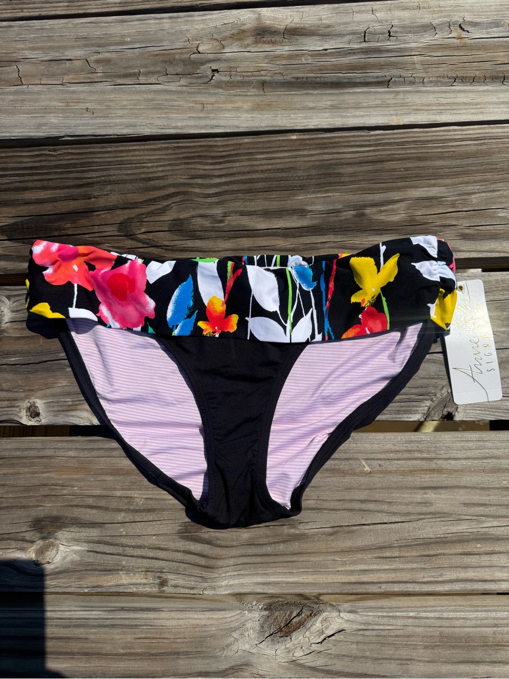 Anne Cole, Black, Bikini Bottom with Floral Waistband, Size Large